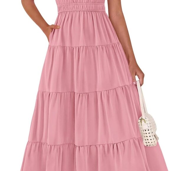 Womens Summer Dresses 2025 Casual Puff Sleeve V Neck Smocked Waist A-Line Tiered - Picture 1 of 8